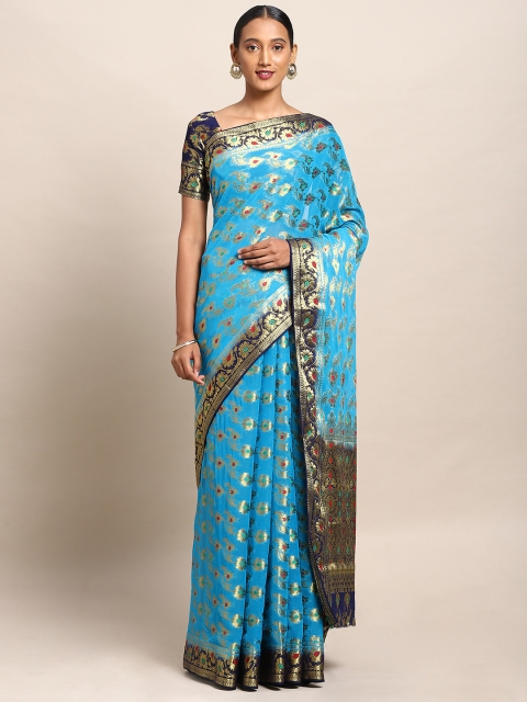 

Mitera Blue & Gold-Toned Poly Chiffon Woven Design Banarasi Saree