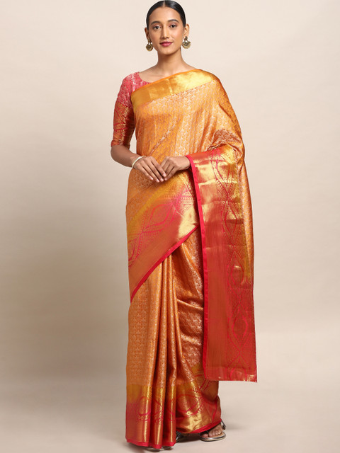 

Mitera Mustard Yellow & Pink Art Silk Woven Design Kanjeevaram Saree
