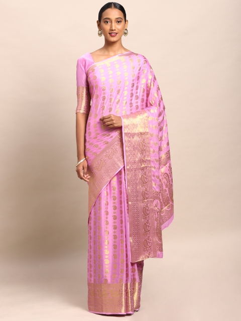 

Mitera Pink & Gold-Toned Poly Chiffon Woven Design Banarasi Saree