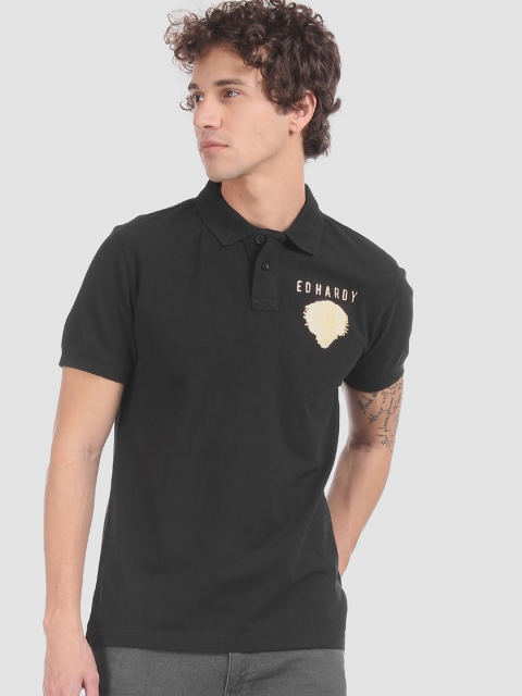 

Ed Hardy Men Black Applique Polo Collar Pure Cotton T-shirt