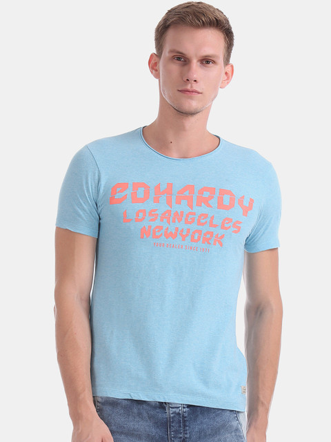 

Ed Hardy Men Turquoise Blue Pink Printed Round Neck Pure Cotton T-shirt