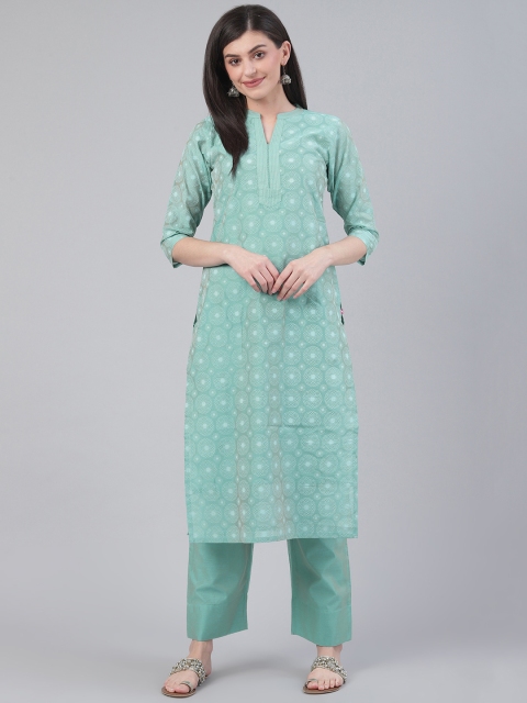 

Varanga Women Sea Green & Off-White Printed Kurta with Trousers, Blue