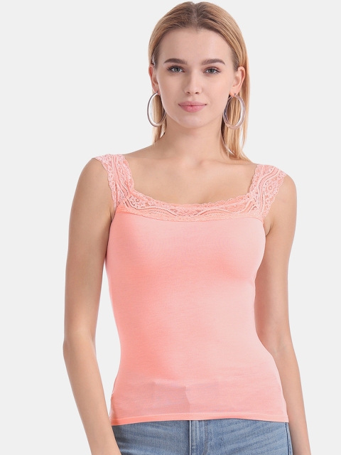

Aeropostale Women Peach-Coloured Solid Lace Detailed Knit Camisole