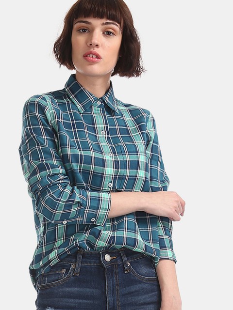

Aeropostale Women Teal Blue & Green Regular Fit Checked Casual Shirt