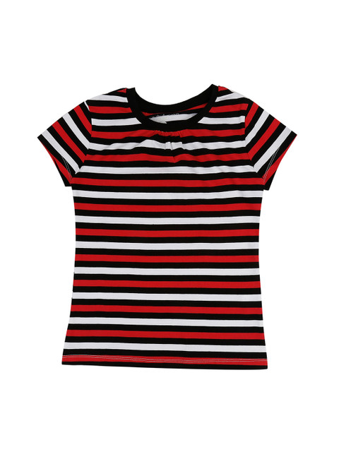 

Pantaloons Junior Girls Red Black Striped Round Neck Pure Cotton T-shirt