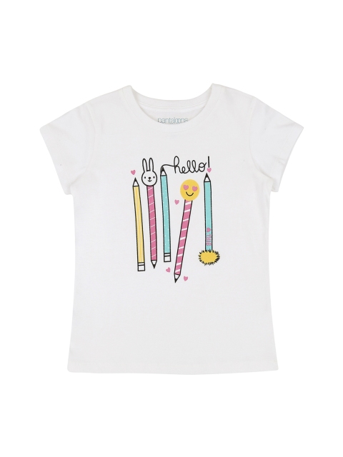 

Pantaloons Junior Girls White Pink Printed Round Neck Pure Cotton T-shirt