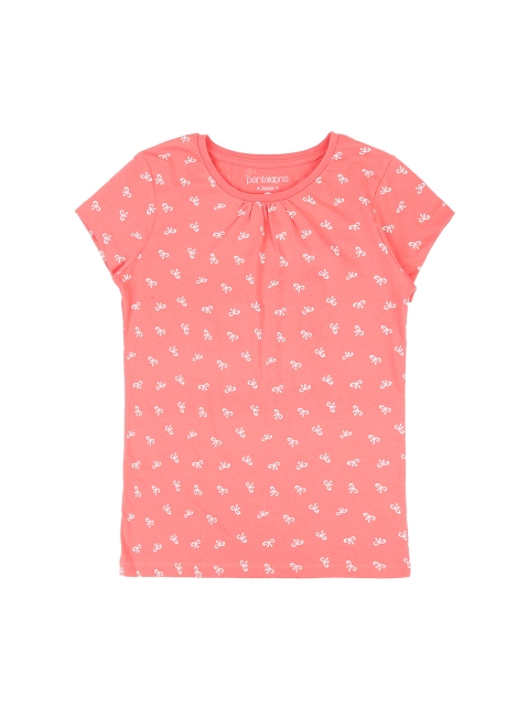 

Pantaloons Junior Girls Peach-Coloured White Bow Printed Round Neck Pure Cotton T-shirt
