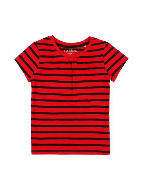 

Pantaloons Junior Girls Red Black Striped Round Neck Pure Cotton T-shirt