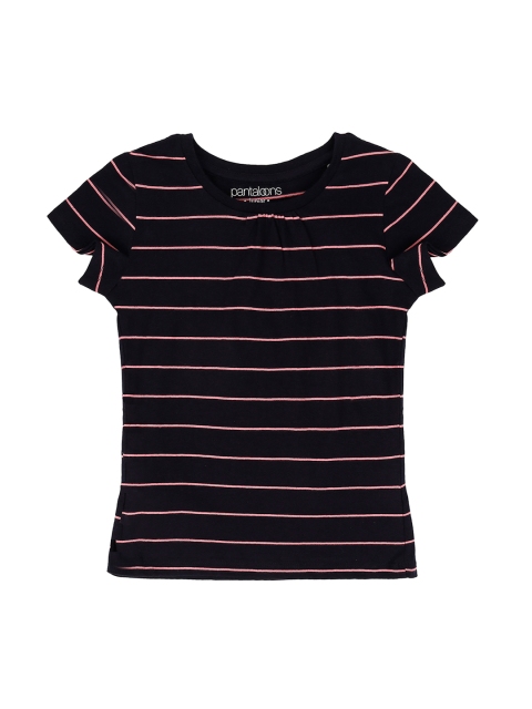 

Pantaloons Junior Girls Navy Blue Pink Striped Round Neck Pure Cotton T-shirt