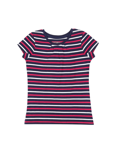 

Pantaloons Junior Girls Navy Blue & Off-White Striped Round Neck T-shirt