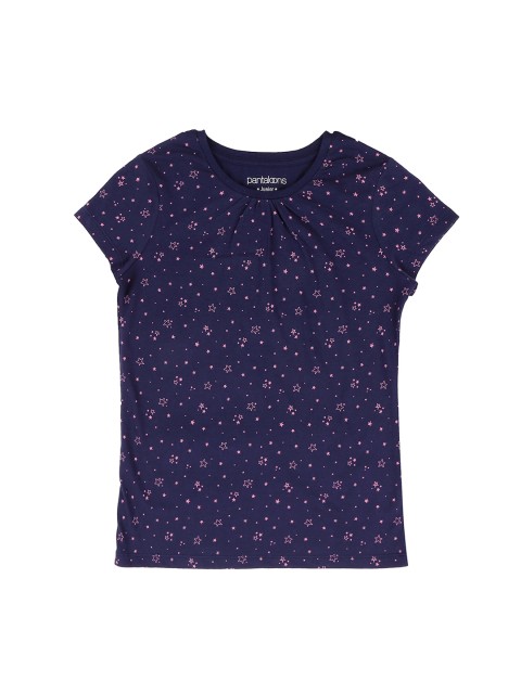 

Pantaloons Junior Girls Navy Blue Pink Printed Round Neck Pure Cotton T-shirt