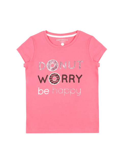 

Pantaloons Junior Girls Pink Brown Printed Round Neck Pure Cotton T-shirt