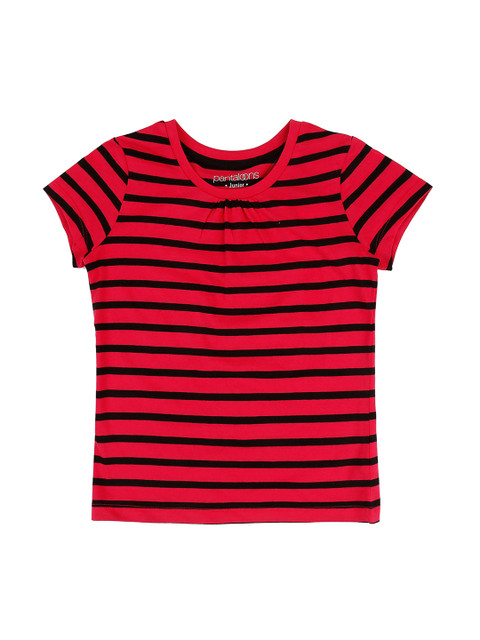 

Pantaloons Junior Girls Fuchsia Pink & Black Striped Round Neck T-shirt