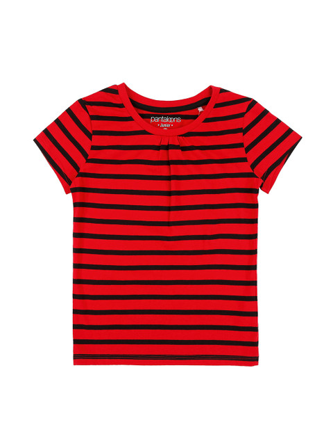 

Pantaloons Junior Girls Red & Black Striped Round Neck T-shirt