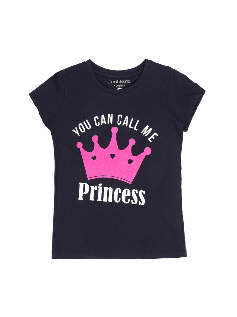 

Pantaloons Junior Girls Navy Blue Printed Round Neck Pure Cotton T-shirt