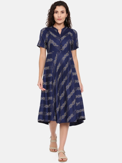 

Chumbak Women Navy Blue & Beige Printed Fit and Flare Dress