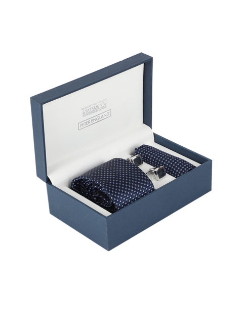 

Peter England Men Navy Blue & Silver-Toned Tie & Cufflink Accessory Gift Set