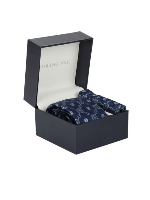 

Peter England Men Navy Blue Self Design Tie & Pocket Square Accessory Gift Set