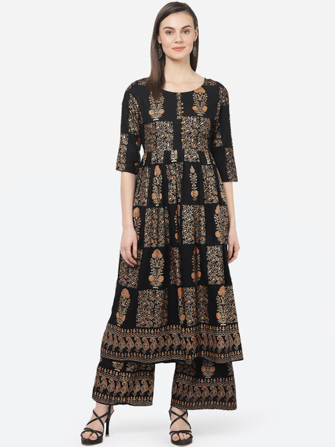 

aayusika Women Black & Gold-Toned Printed Kurta with Palazzos