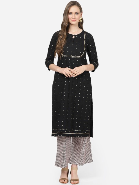

aayusika Women Black & Beige Printed Kurta with Trousers
