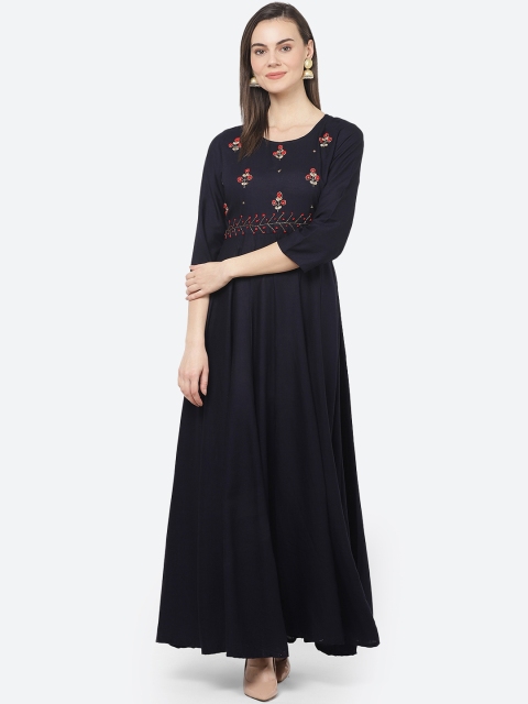 

aayusika Women Navy Blue Embroidered Ethnic Maxi Dress