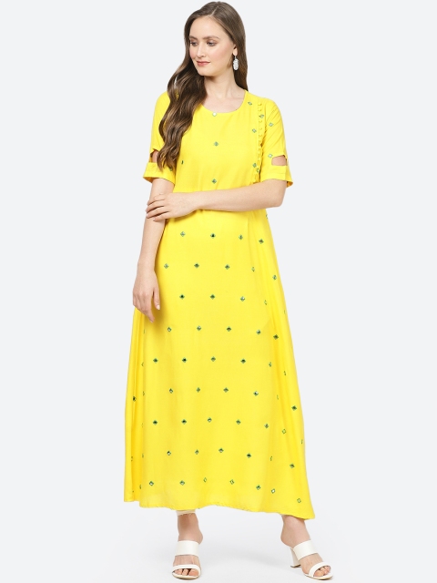 

aayusika Women Yellow & Green Embroidered A-Line Kurta