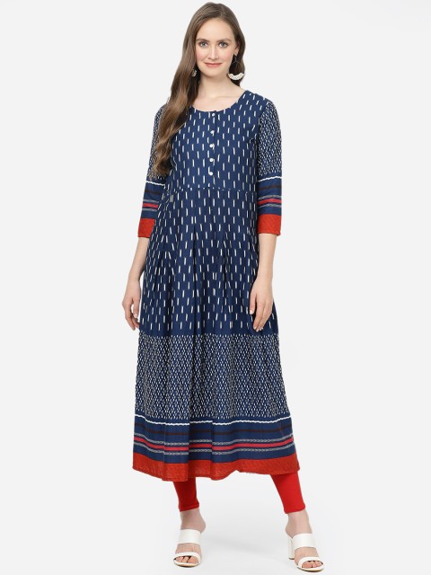 

aayusika Women Navy Blue & White Printed A-Line Kurta