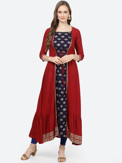 

aayusika Women Navy Blue & Gold-Coloured Printed A-Line Kurta With Jacket