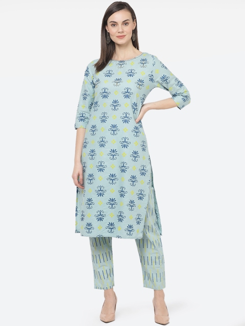 

aayusika Women Blue & Yellow Printed Kurti with Trousers