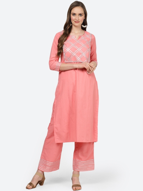 

aayusika Women Pink & Silver-Toned Solid Kurta with Palazzos
