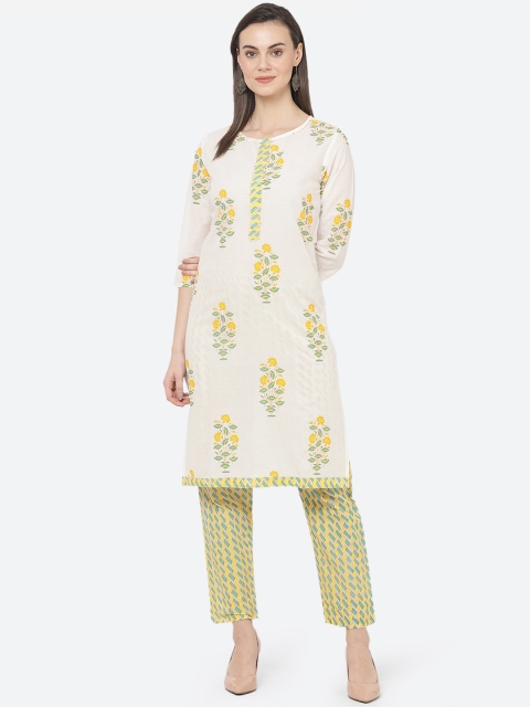 

aayusika Women White & Yellow Printed Kurta with Trousers