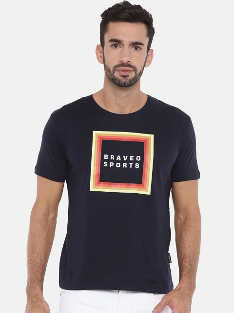 

Braveo Men Navy Blue Printed Round Neck Pure Cotton T-shirt