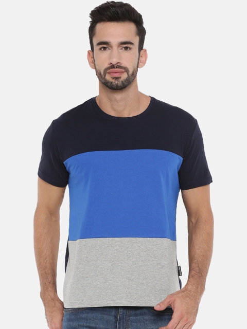 

Braveo Men Navy Blue & Grey Colourblocked Round Neck T-shirt