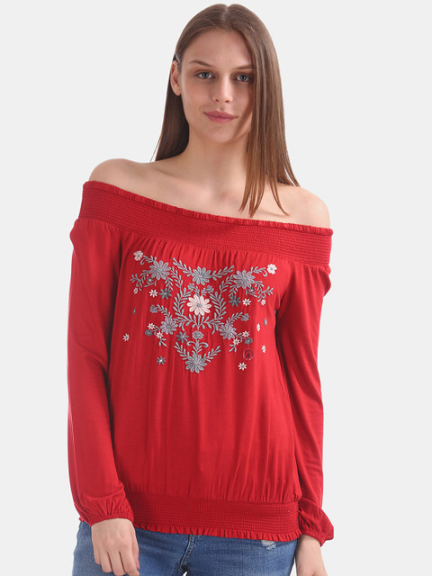 

Aeropostale Women Red Printed Bardot Top With Embroidery