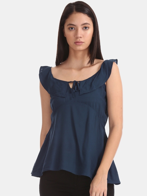 

Aeropostale Women Navy Blue Solid Empire Top With Ruffles