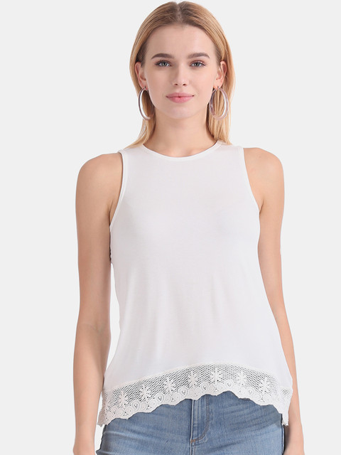 

Aeropostale Women White Solid Top with Lace inserts