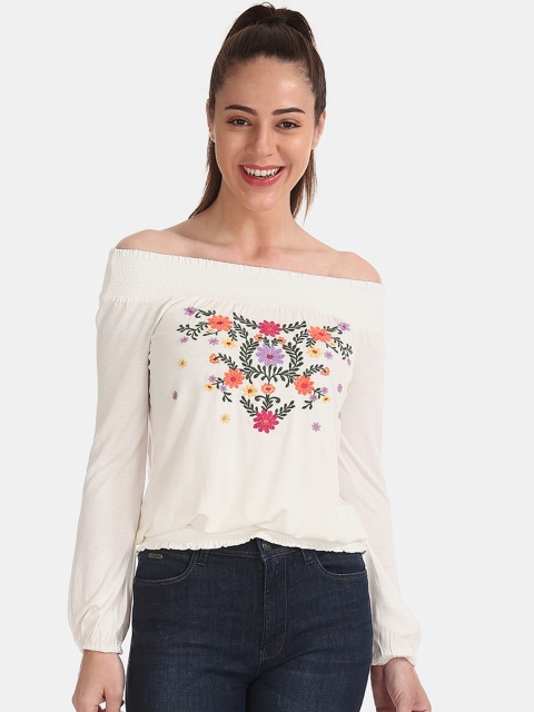 

Aeropostale Women White Embroidered Bardot Top