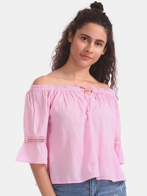 

Aeropostale Women Pink Solid Bardot Top with Gathers and Cut-Out Detail