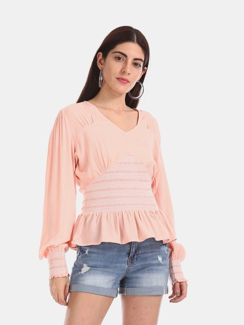 

Aeropostale Women Peach-Coloured Solid Smocked Cinched Waist Top