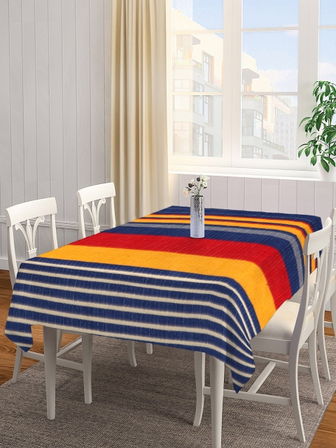 

NEUDIS Navy Blue & Yellow Striped Premium Cotton 4-Seater Table Cover