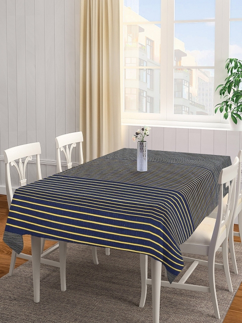 

NEUDIS Navy Blue & Yellow Striped Premium Cotton Corduroy 4-Seater Square Table Cover