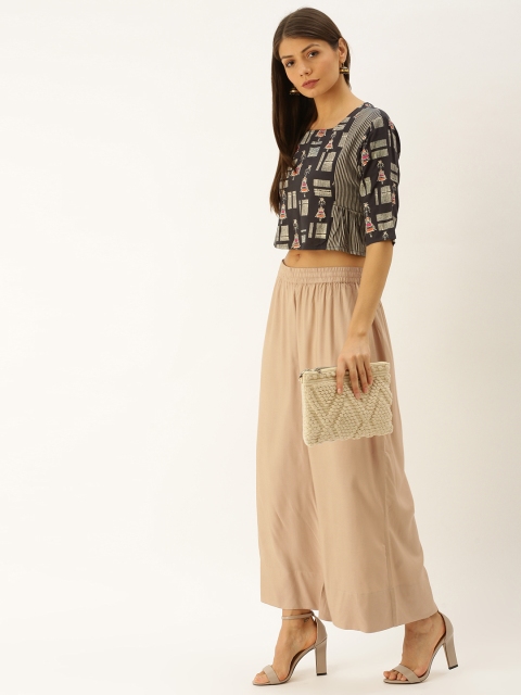 

Varanga Women Charcoal Grey & Beige Printed Crop Top with Palazzos