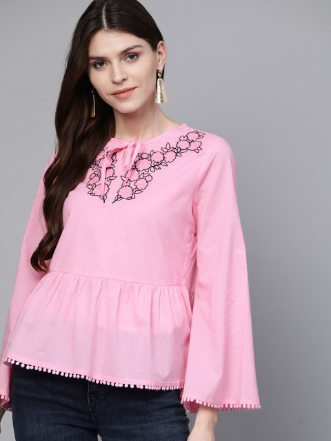 

HERE&NOW Women Pink & Black Embroidered Detail A-Line Pure Cotton Top