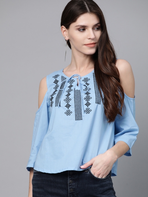 

HERE&NOW Women Blue Embroidered Cold-Shoulder Pure Cotton Top