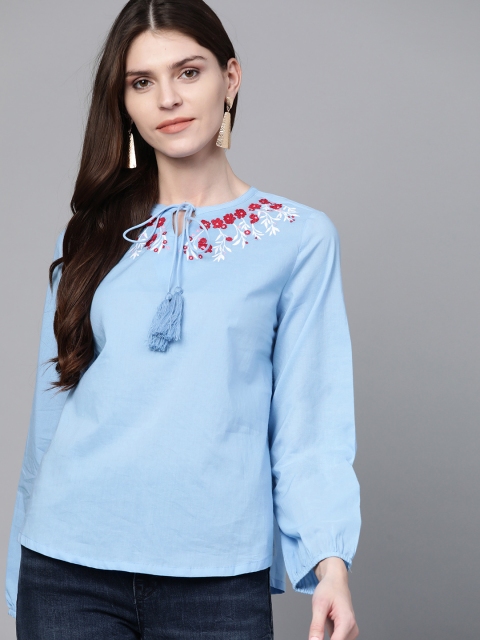 

HERE&NOW Women Blue Embroidered Detail Pure Cotton Top