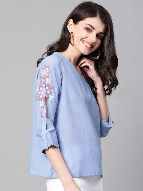

HERE&NOW Women Blue Solid Pure Cotton Top