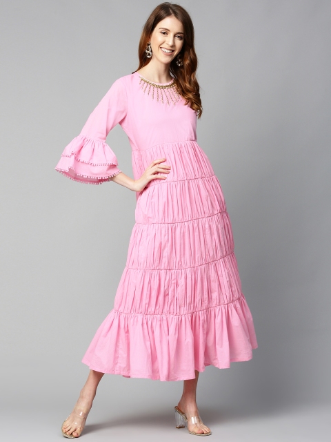 

HERE&NOW Women Pink Solid Jeweled Neck Tiered Maxi Dress