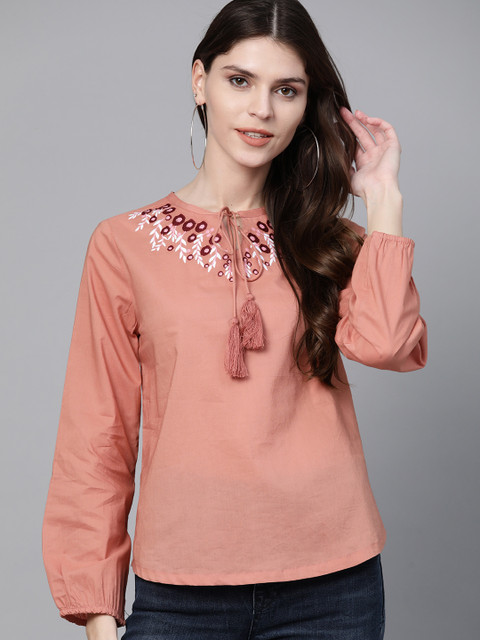 

HERE&NOW Women Peach-Coloured Embrodiered Detail Pure Cotton Top
