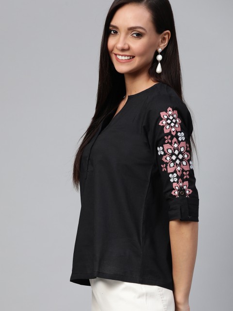 

HERE&NOW Women Black Solid Pure Cotton Top