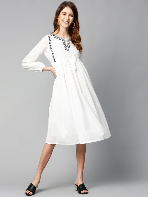 

HERE&NOW Women White Embroidered Yoke Design A-Line Dress